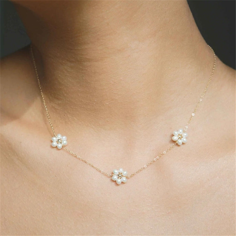 14K Gold Plated Flower and Freshwater Pearl Copper Necklace