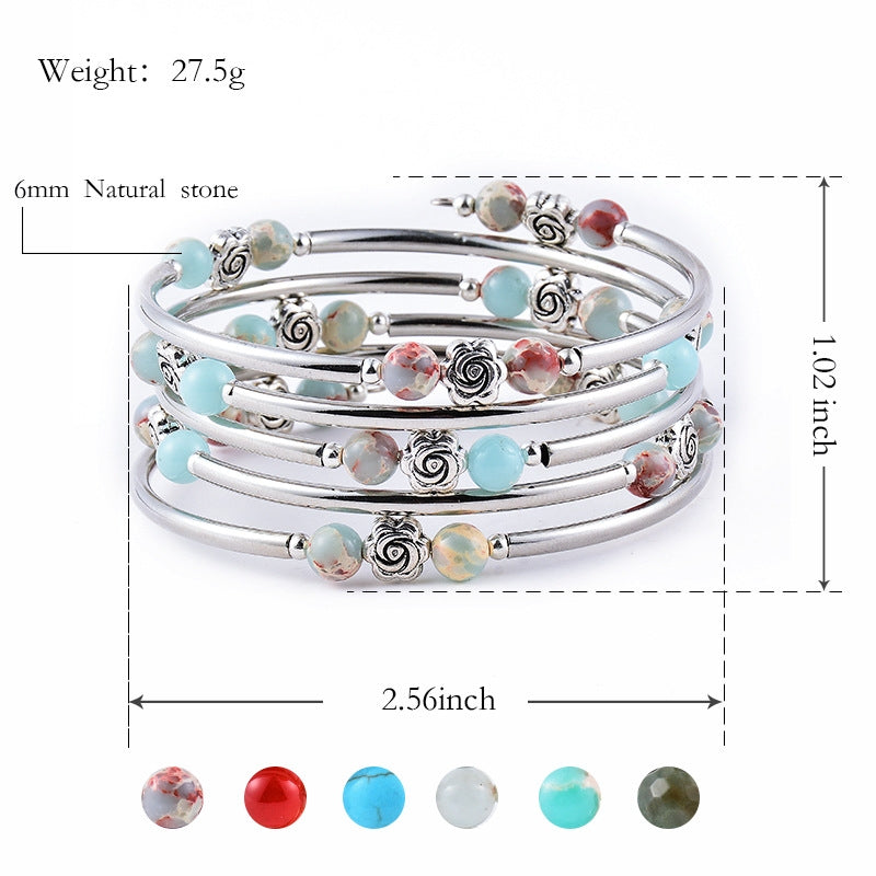 Fashion Flower Turquoise Agate Crystal Layered Wrap Bracelet Set