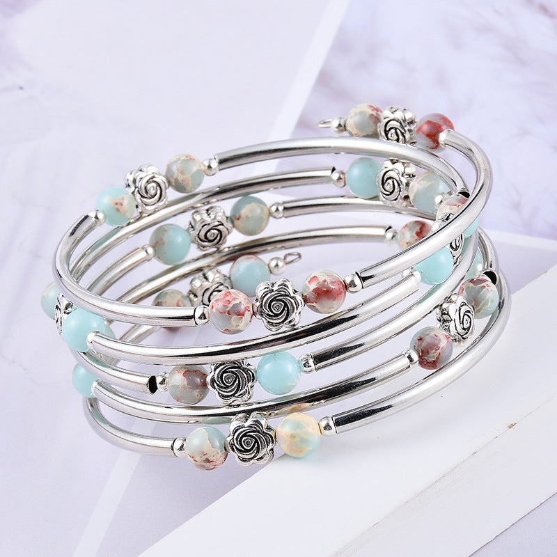 Fashion Flower Turquoise Agate Crystal Layered Wrap Bracelet Set