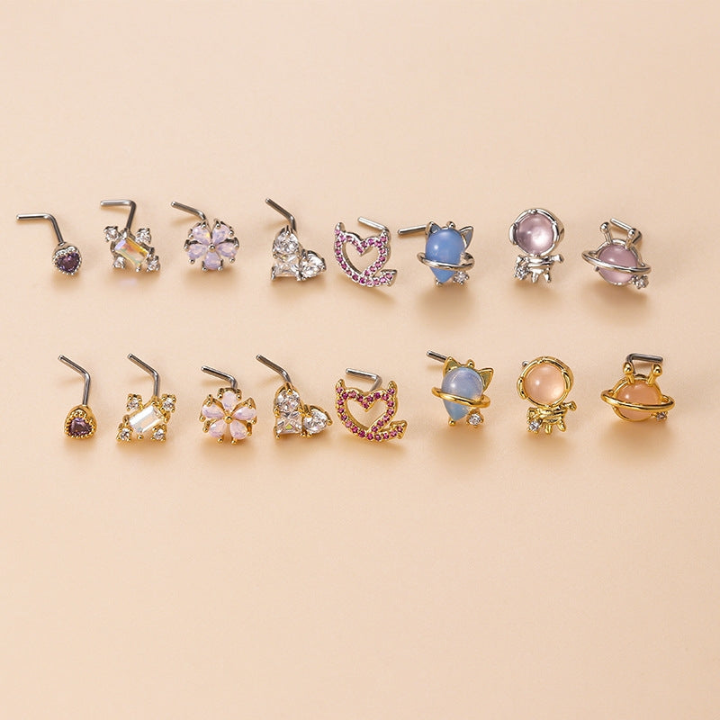 Fashion Flower Stainless Steel Inlay Zircon Nose Studs 1 Piece