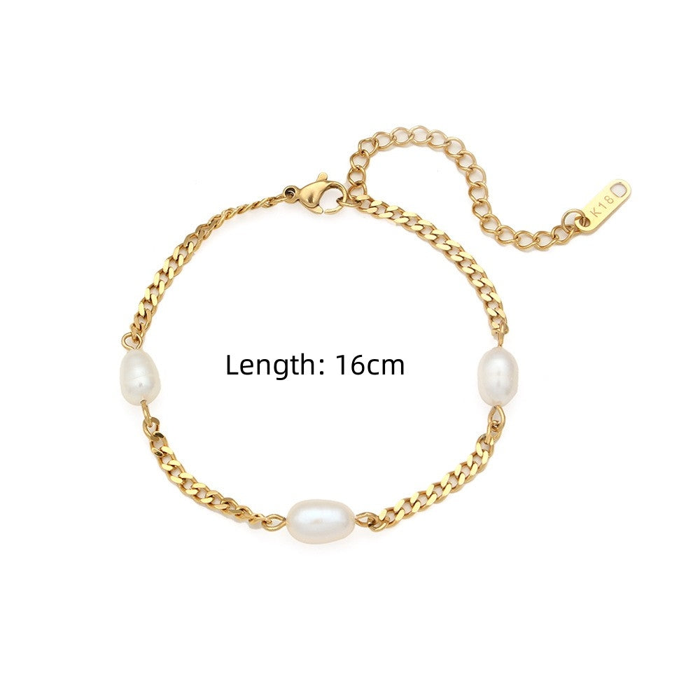 18K Gold Plated Geometric Cuban Chain Bracelet with Freshwater Pearls