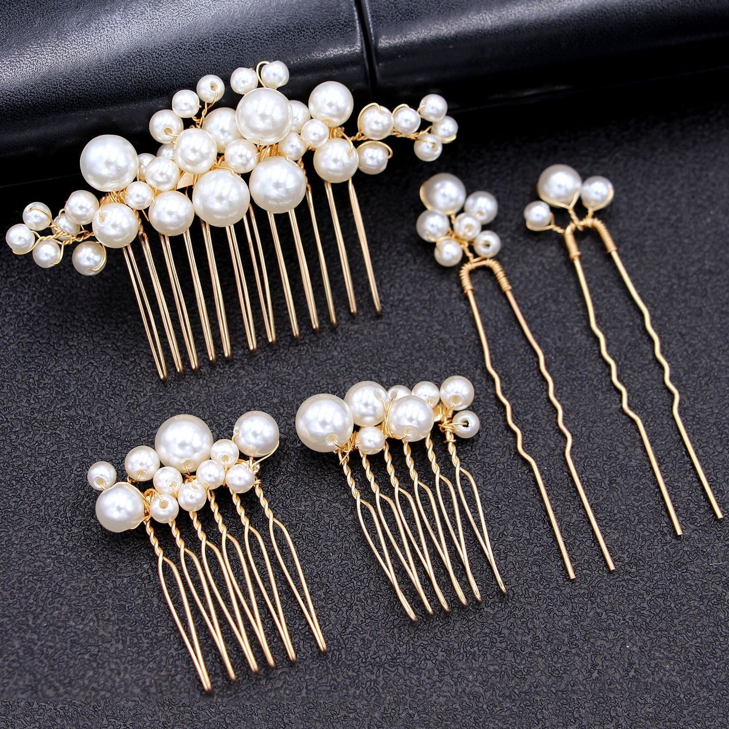 Geometric Alloy Pearl Bridal Hair Accessory Set - 3 Combs & 2 Hair Forks