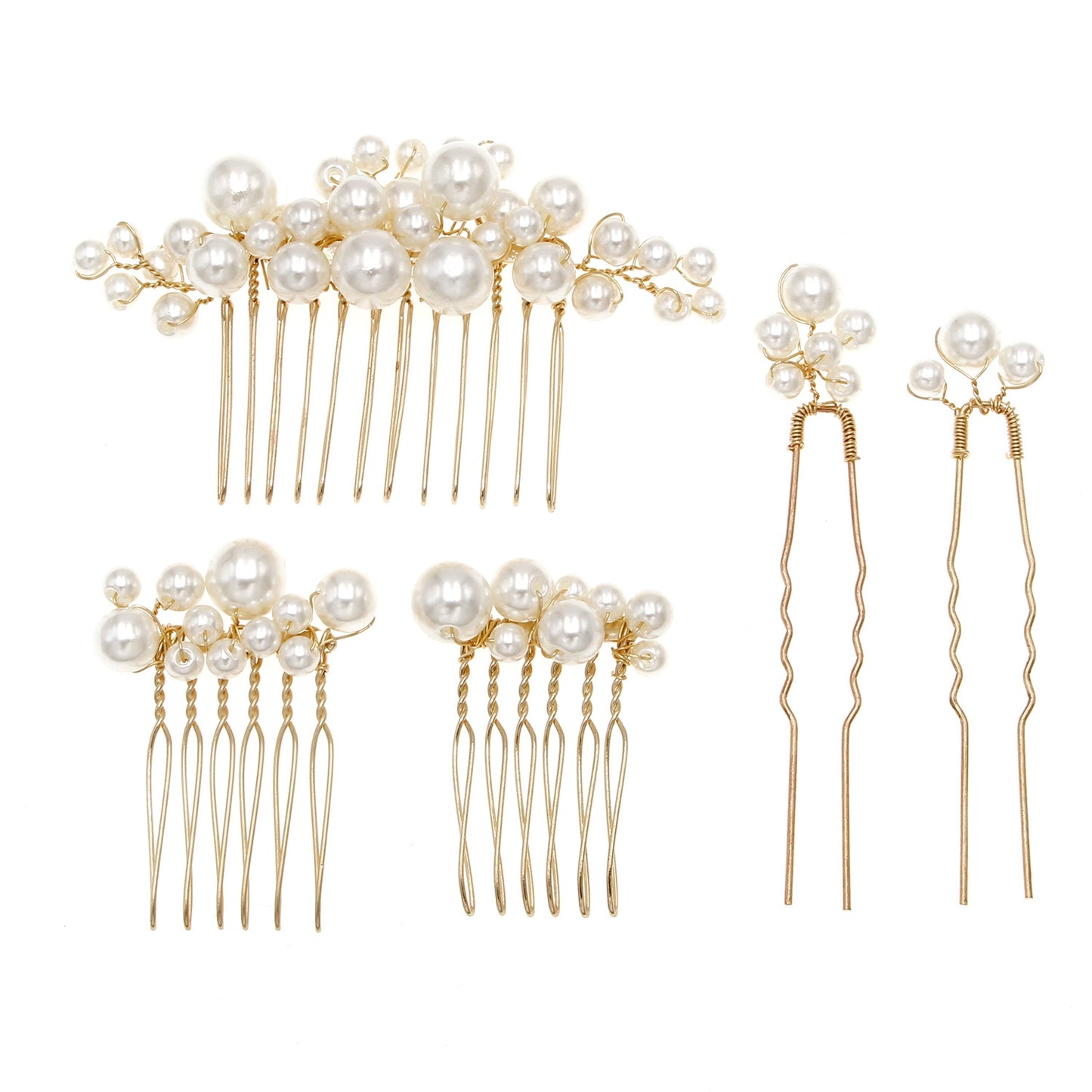 Geometric Alloy Pearl Bridal Hair Accessory Set - 3 Combs & 2 Hair Forks