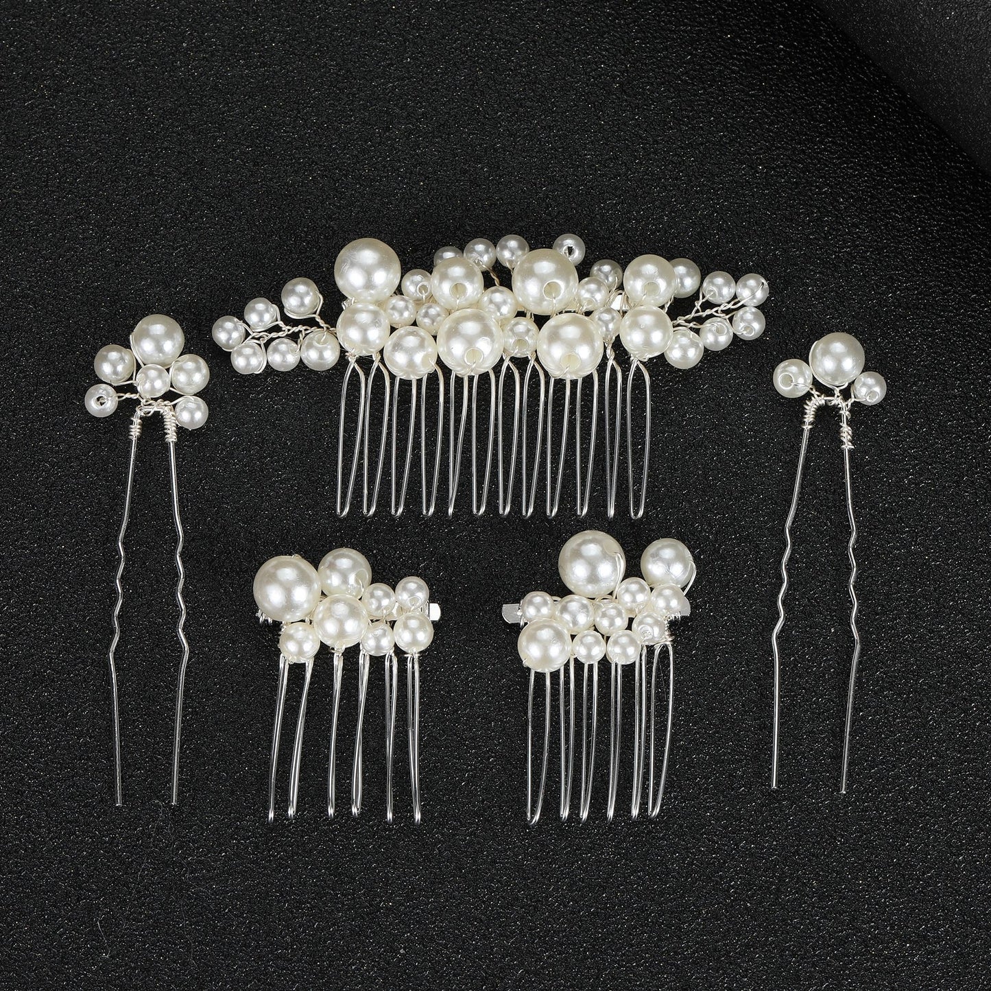 Geometric Alloy Pearl Bridal Hair Accessory Set - 3 Combs & 2 Hair Forks