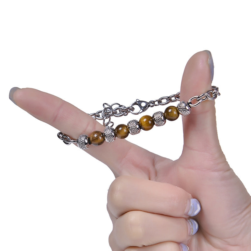 Geometric Alloy Men's Bracelet with Black Magnet & Tiger's Eye Beads