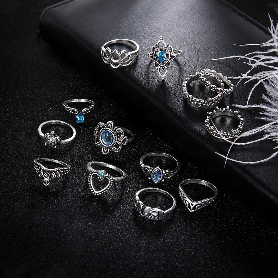 Vintage Geometric Alloy Plated Gemstone Crown Ring Set for Women