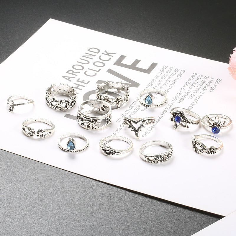 Fashion Geometric Alloy Plated Gemstone Women's Ring Set - Vintage Unicorn Lotus Design, 13 Pieces