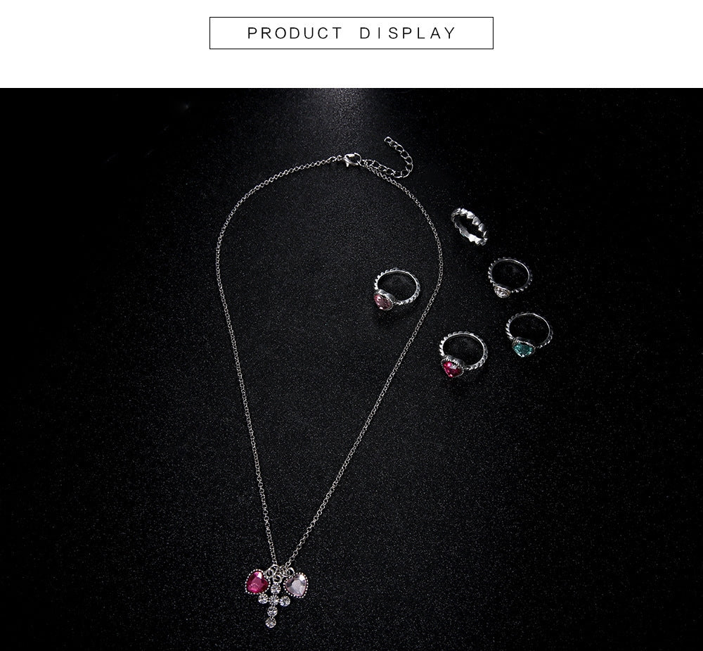 Fashion Geometric Alloy Gemstone Heart Cross Jewelry Set for Women