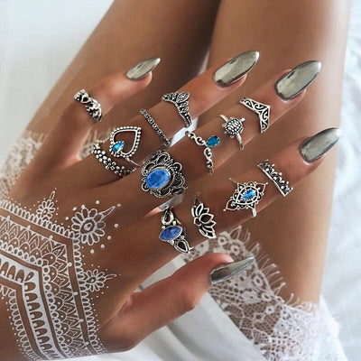 Vintage Geometric Alloy Plated Gemstone Crown Ring Set for Women