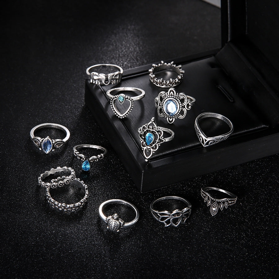 Vintage Geometric Alloy Plated Gemstone Crown Ring Set for Women