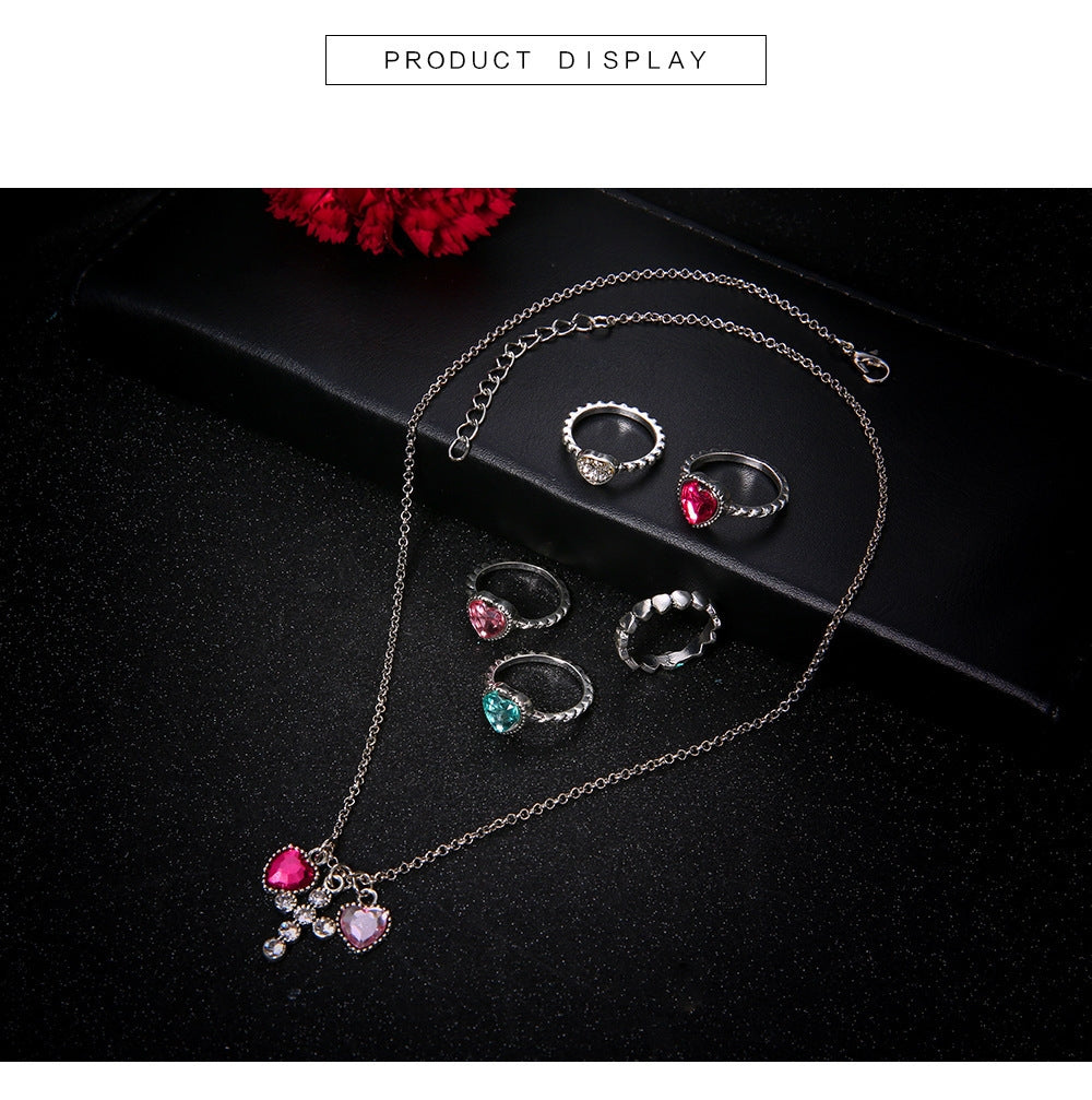 Fashion Geometric Alloy Gemstone Heart Cross Jewelry Set for Women