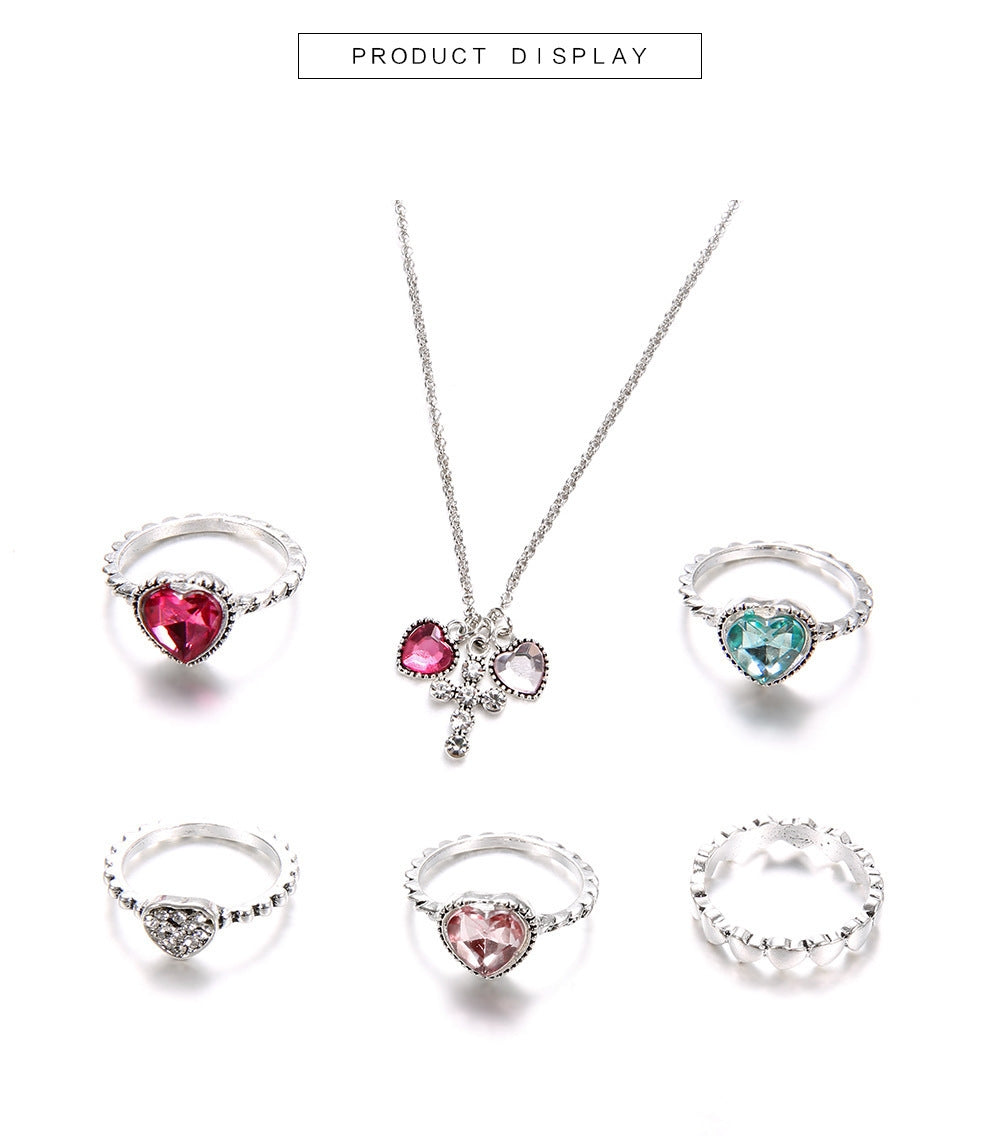 Fashion Geometric Alloy Gemstone Heart Cross Jewelry Set for Women