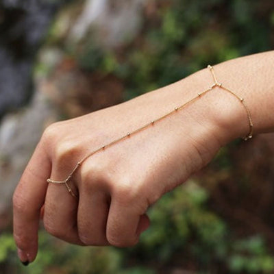 Geometric Alloy Plated Bracelet with Copper Bead Finger Chain