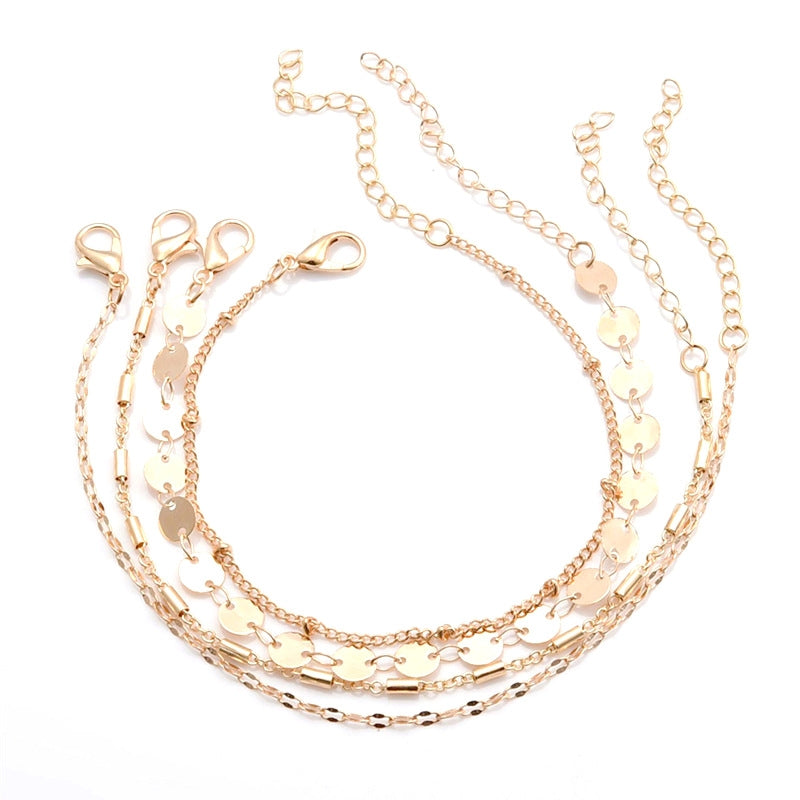 Geometric Alloy Plated Bracelet Set - 4 Piece Tube Chain Disc Lace Design