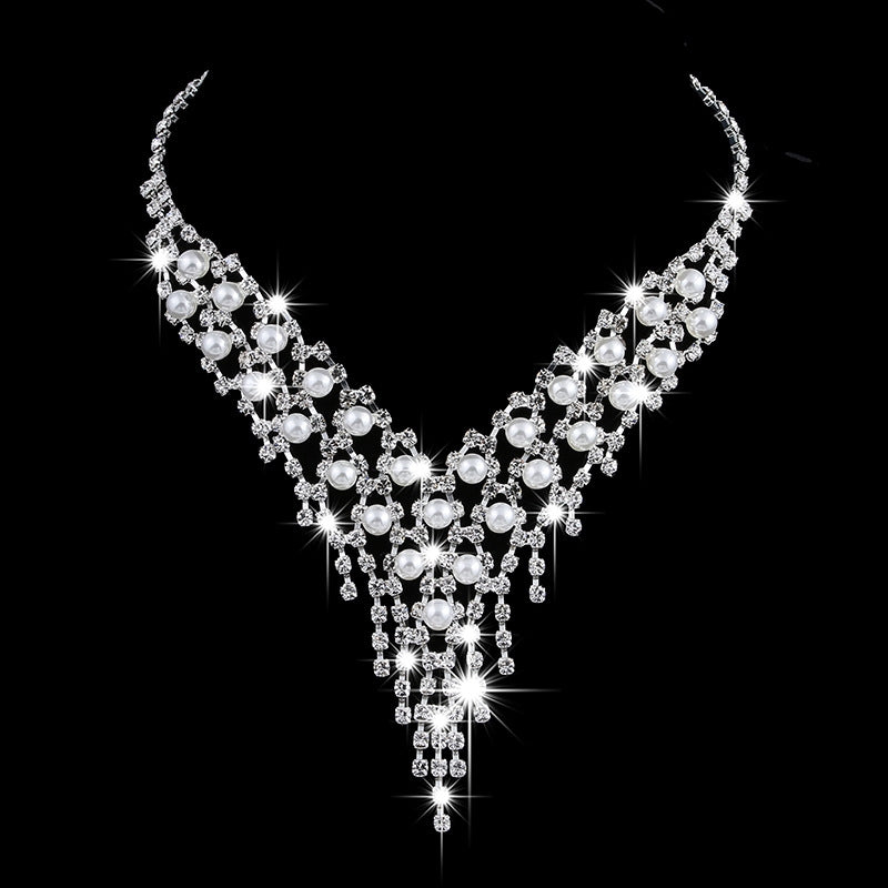 Geometric Alloy Plated Pearl Rhinestone Tassel Necklace and Earrings Set