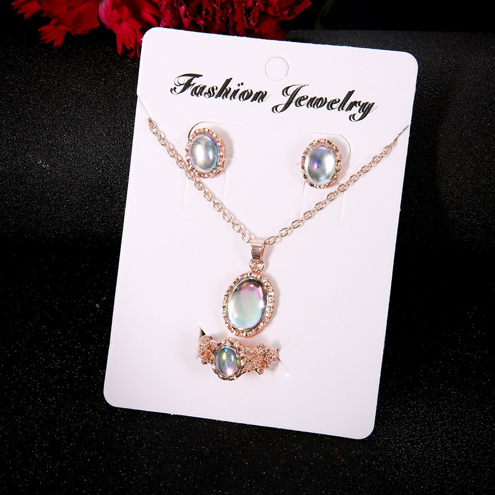 Fashion Geometric Alloy Plated Pendant Necklace and Gemstone Jewelry Set - Necklace, Earrings, and Ring