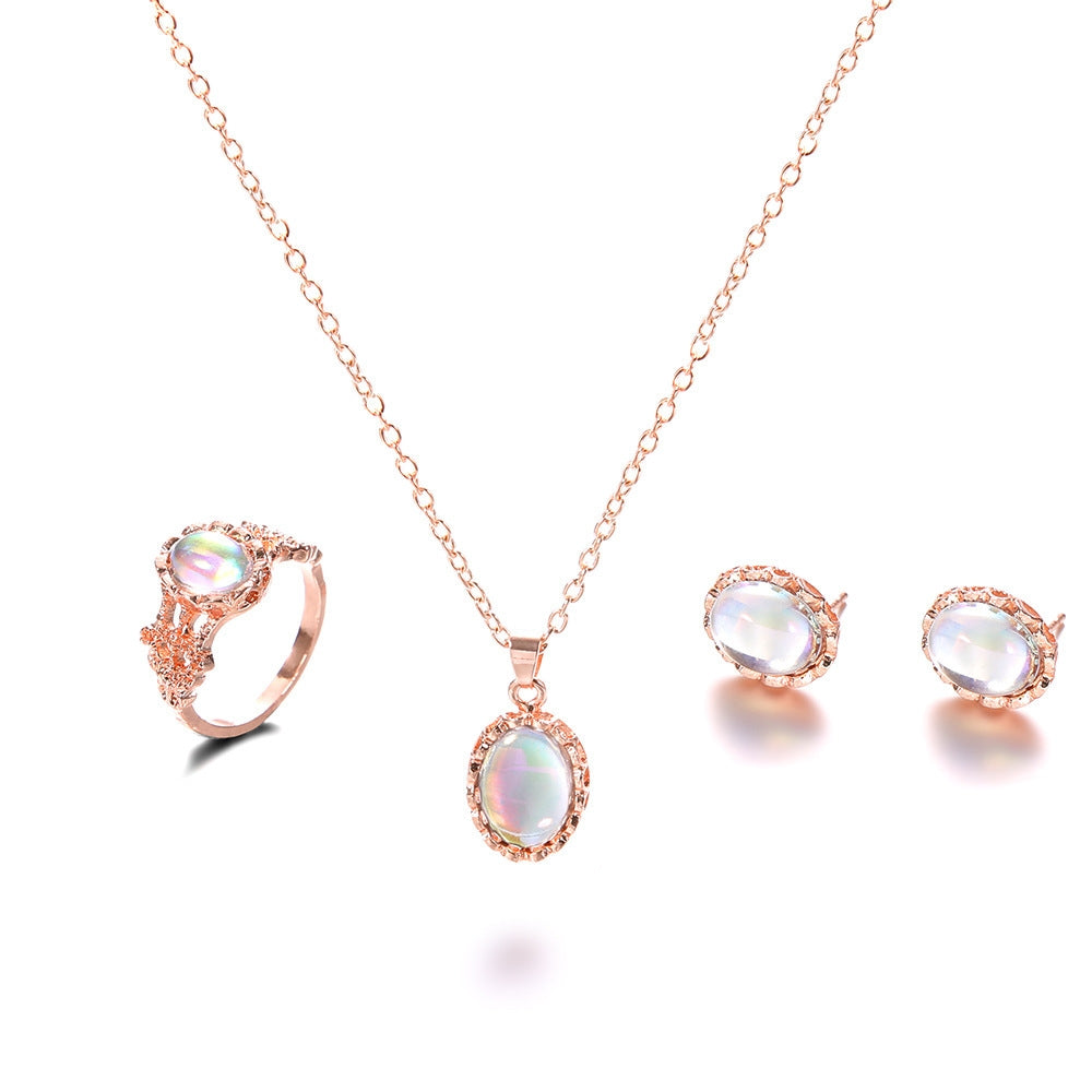 Fashion Geometric Alloy Plated Pendant Necklace and Gemstone Jewelry Set - Necklace, Earrings, and Ring