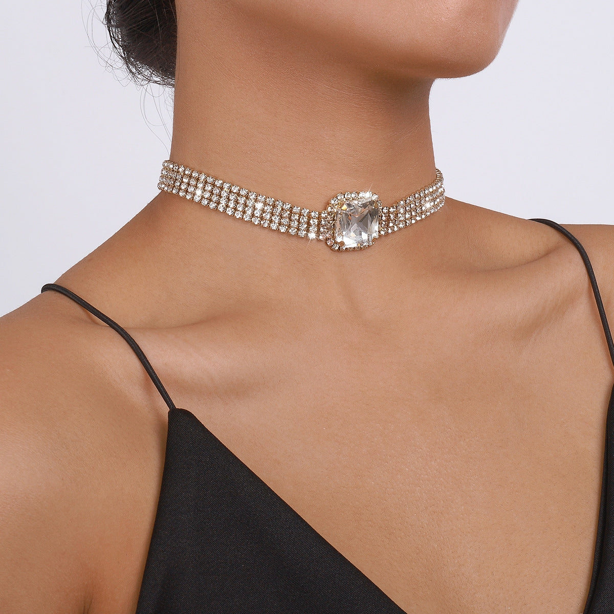 Fashion Geometric Rhinestone Multi-Layer Choker Necklace for Women