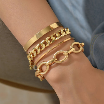 Geometric Alloy Chain Unisex Bracelet Set - 4 Pieces