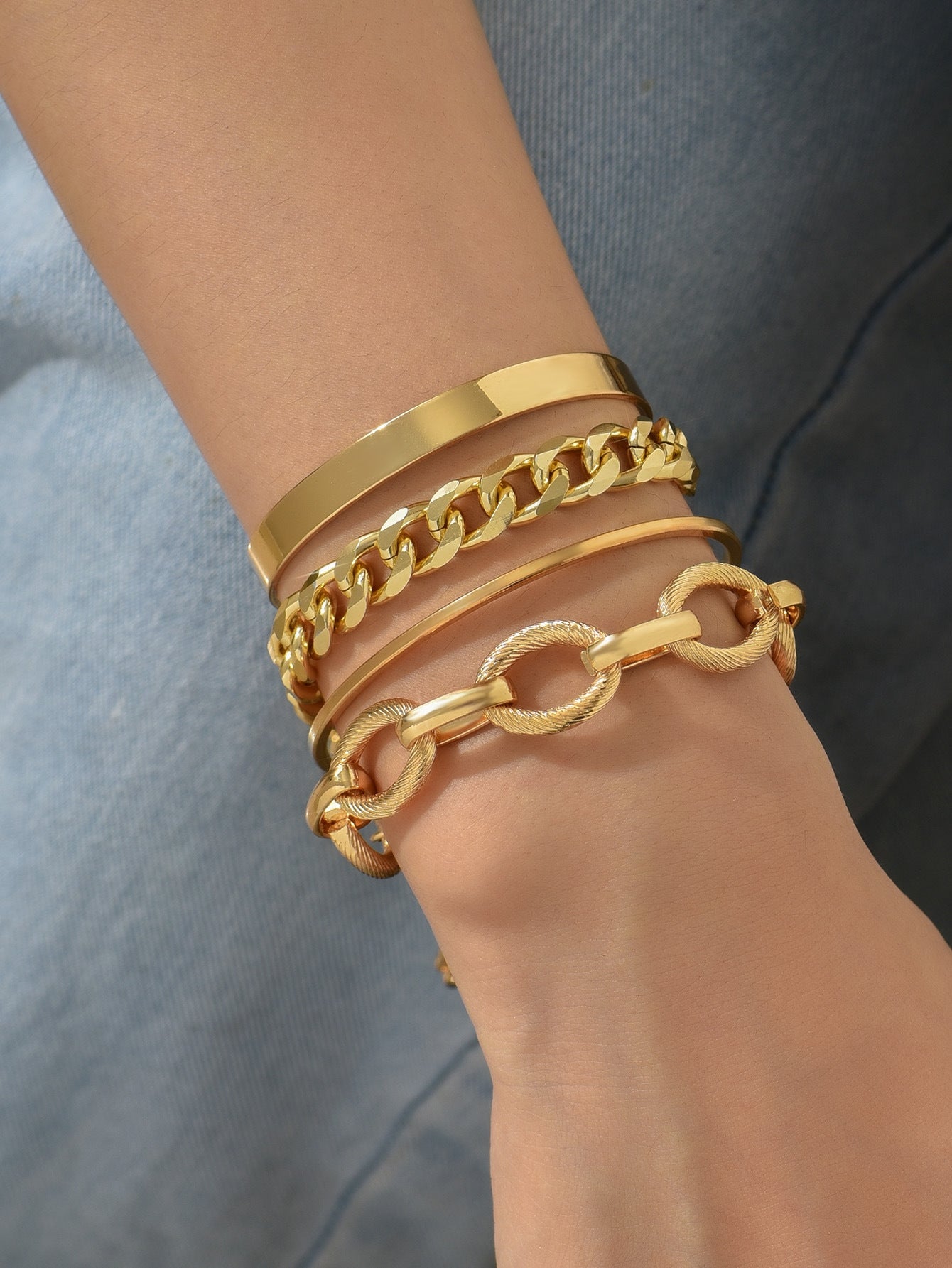 Geometric Alloy Chain Unisex Bracelet Set - 4 Pieces