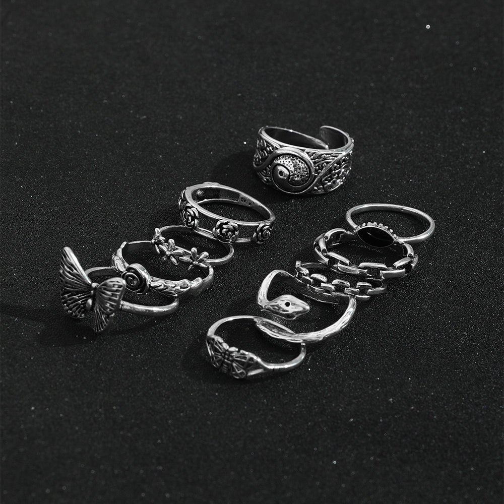 Geometric Alloy Plated Women's Ring Set - Creative Butterfly & Rose Flower Design, 10 Pieces