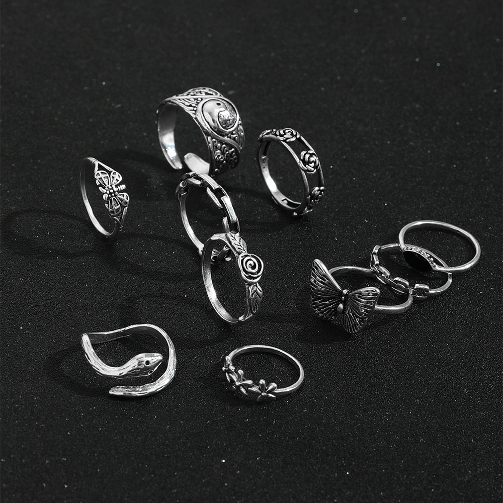 Geometric Alloy Plated Women's Ring Set - Creative Butterfly & Rose Flower Design, 10 Pieces