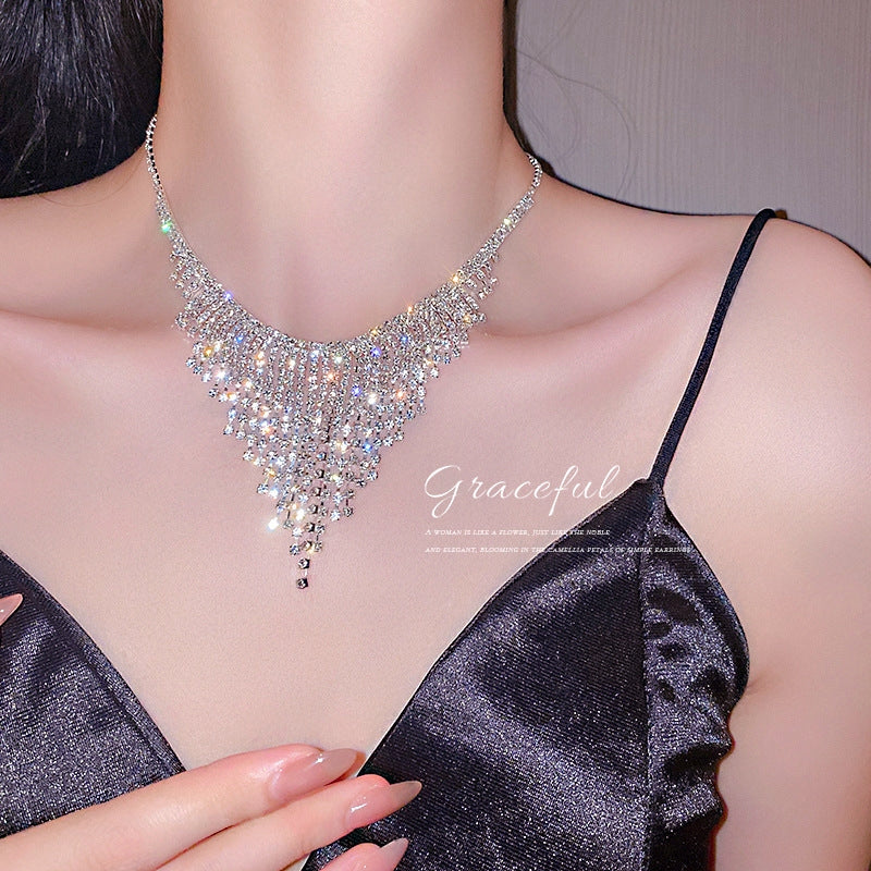 Fashion Geometric Rhinestone Tassel Statement Necklace for Women