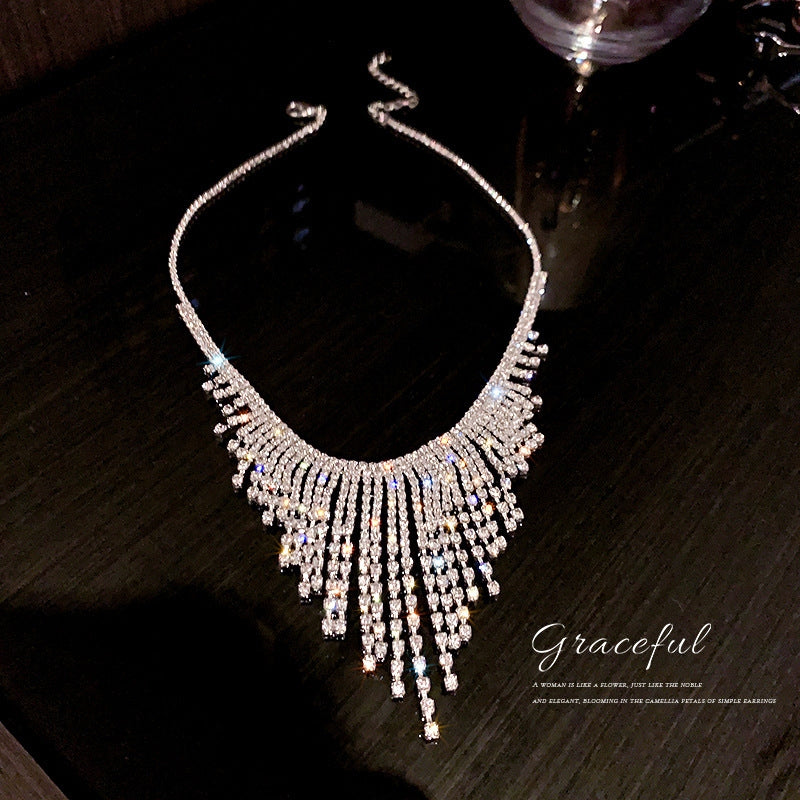 Fashion Geometric Rhinestone Tassel Statement Necklace for Women