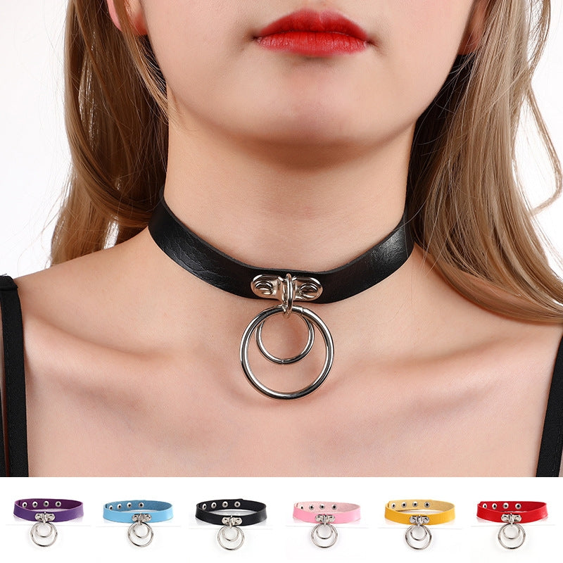 Geometric Circle Metal Punk Leather Choker Necklace