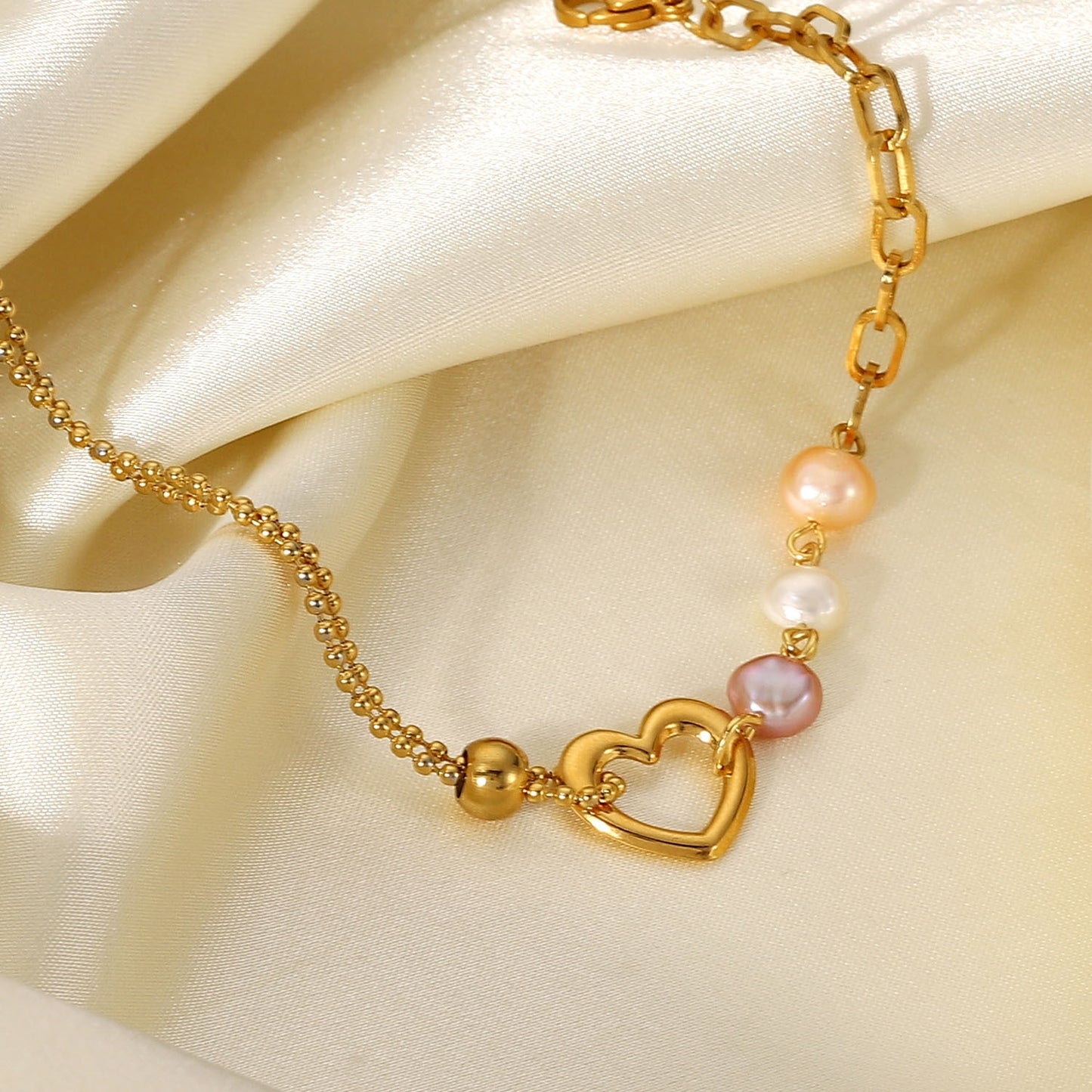 Fashion Geometric Colorful Pearl Stainless Steel Heart Charm Bracelet