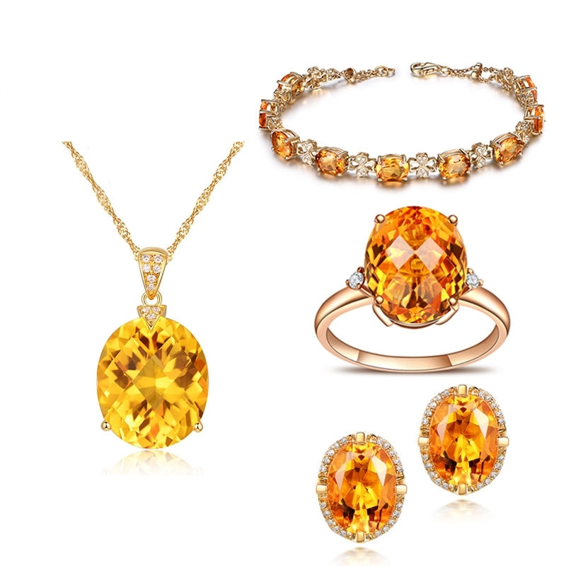 Elegant Geometric Crystal Jewelry Set with Yellow Gemstone Pendant and Moissanite Bracelet