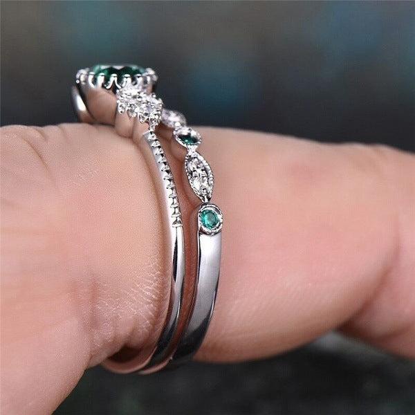 Emerald and Sapphire Geometric Zircon Copper Ring Set for Women