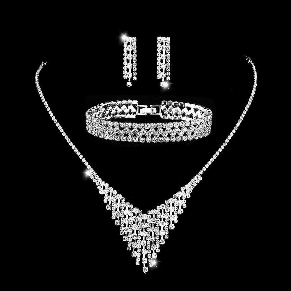 Fashion Geometric Rhinestone Jewelry Set - Necklace, Earrings, and Bracelet