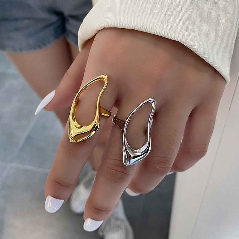 Geometric Irregular Minimalist Hollow Metal Statement Ring for Women