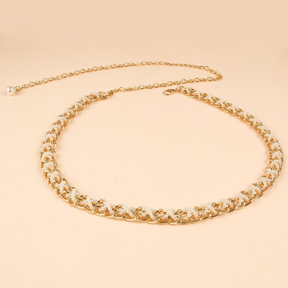 Fashion Geometric Metal Pearl Women's Woven Chain Belt