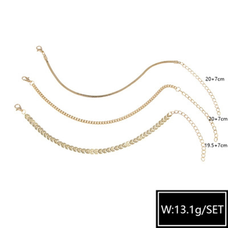 Geometric Metal Plated Anklet Set - 3 Layer Wheat Chain Design