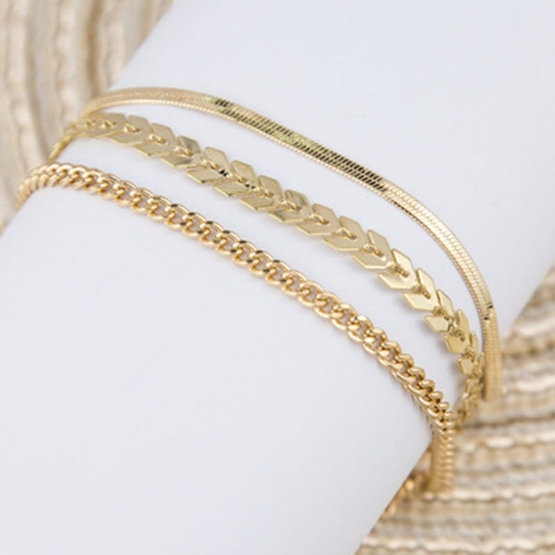 Geometric Metal Plated Anklet Set - 3 Layer Wheat Chain Design