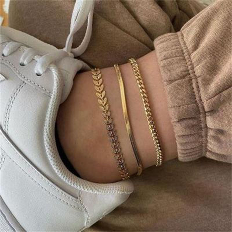 Geometric Metal Plated Anklet Set - 3 Layer Wheat Chain Design