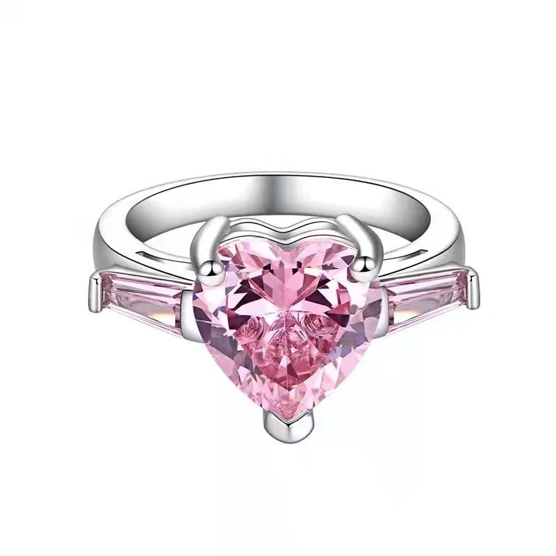 Fashion Geometric Metal Plated Pink Heart Gemstone Women's Ring Set