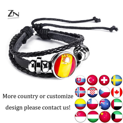 Geometric National Flag Leather Rope Glass Unisex Bracelet - Customizable Country Punk Style