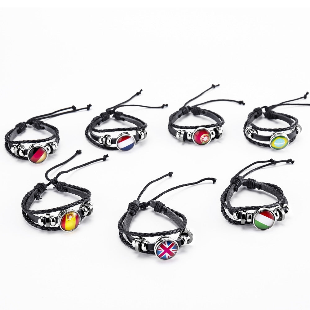 Geometric National Flag Leather Rope Glass Unisex Bracelet - Customizable Country Punk Style