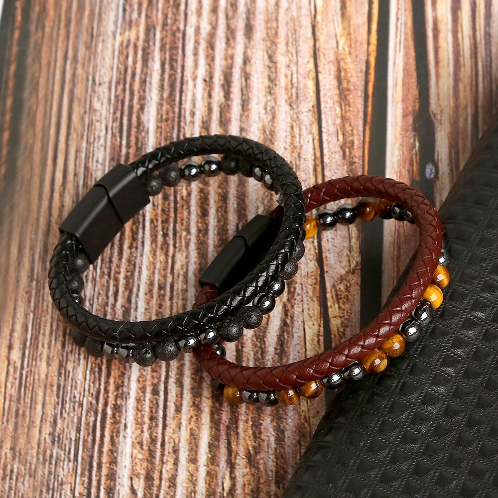 Geometric Natural Stone Leather Multi-Layer Men's Bracelet