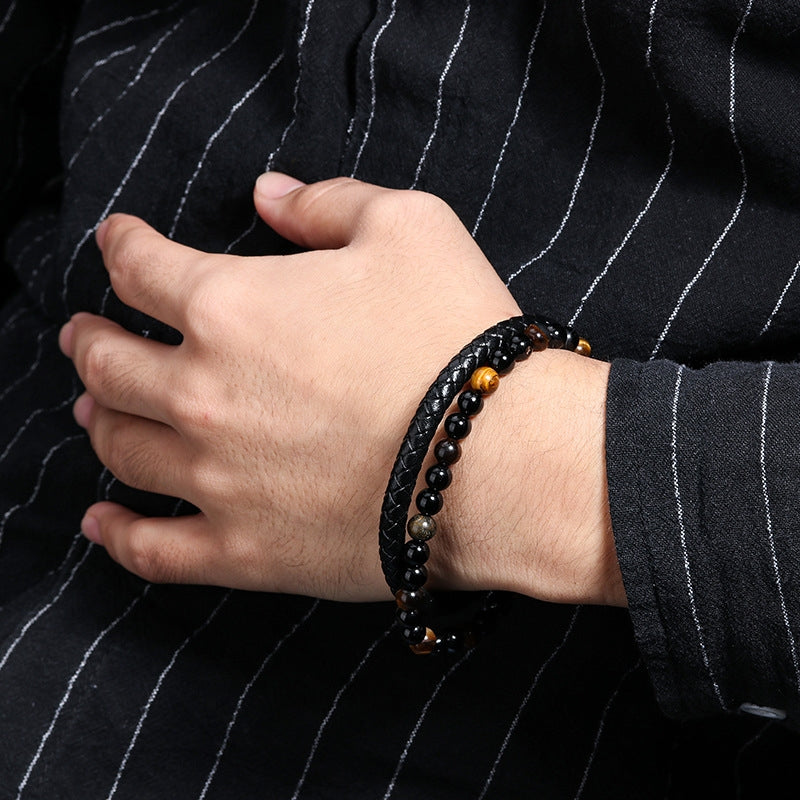 Geometric Tiger Eye Natural Stone Leather Bracelet for Men