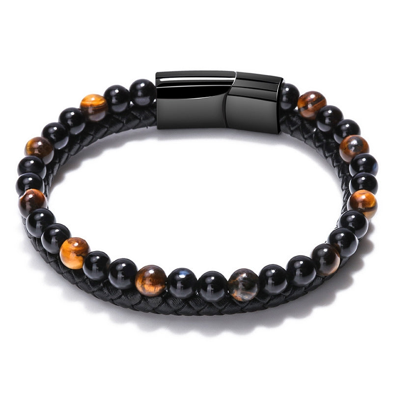 Geometric Tiger Eye Natural Stone Leather Bracelet for Men