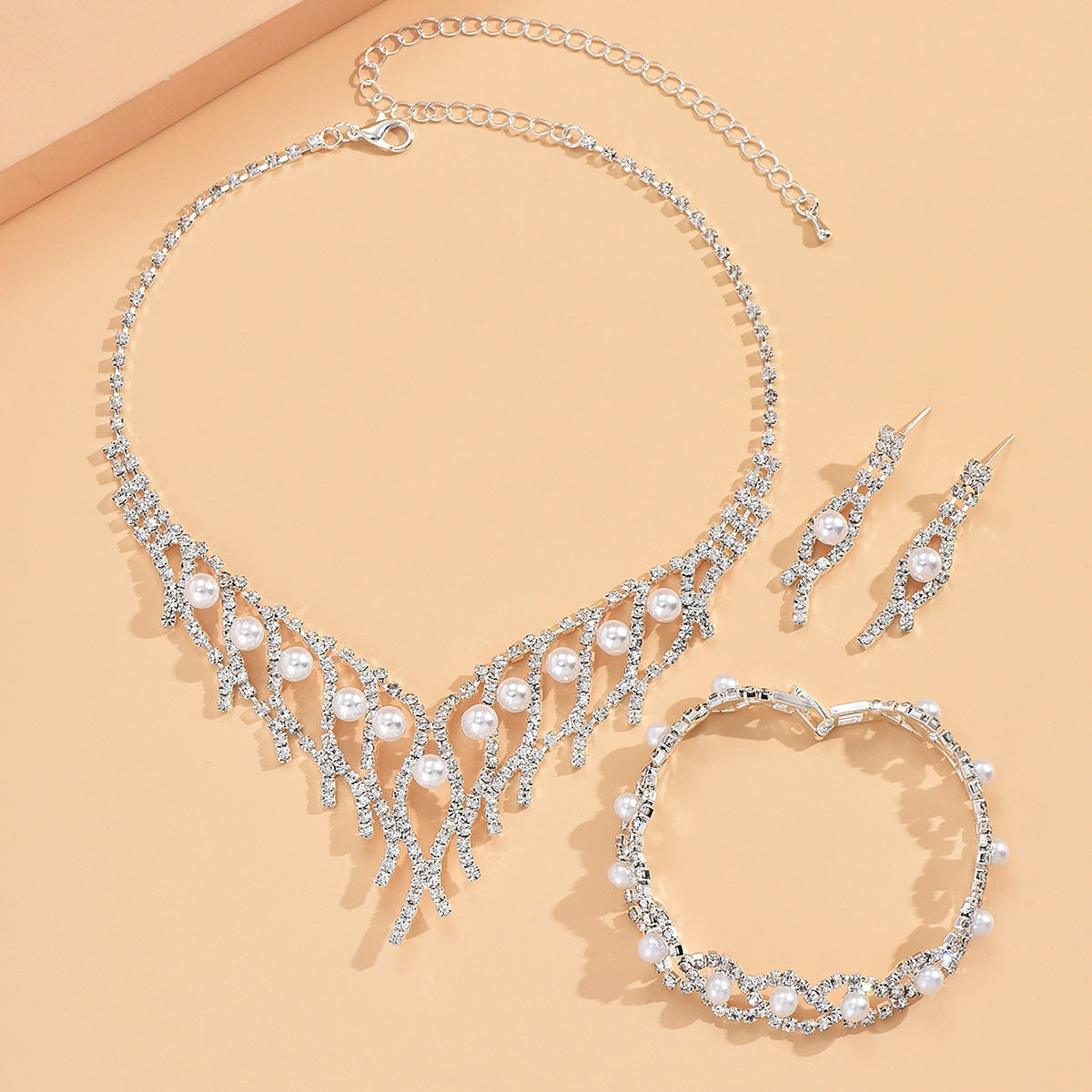 Geometric Rhinestone Bridal Jewelry Set - Necklace, Earrings, and Bracelet