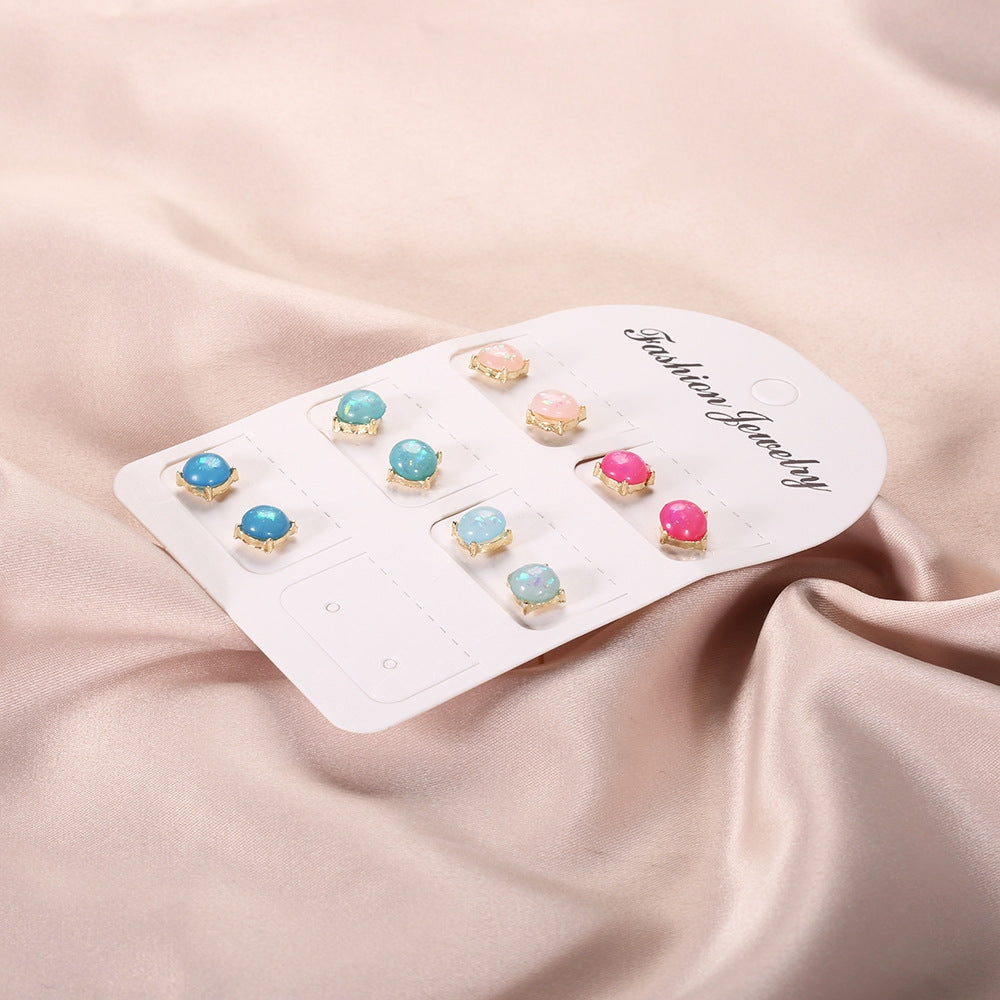 Fashion Geometric Colorful Gemstone Alloy Earrings Set - 5 Pairs