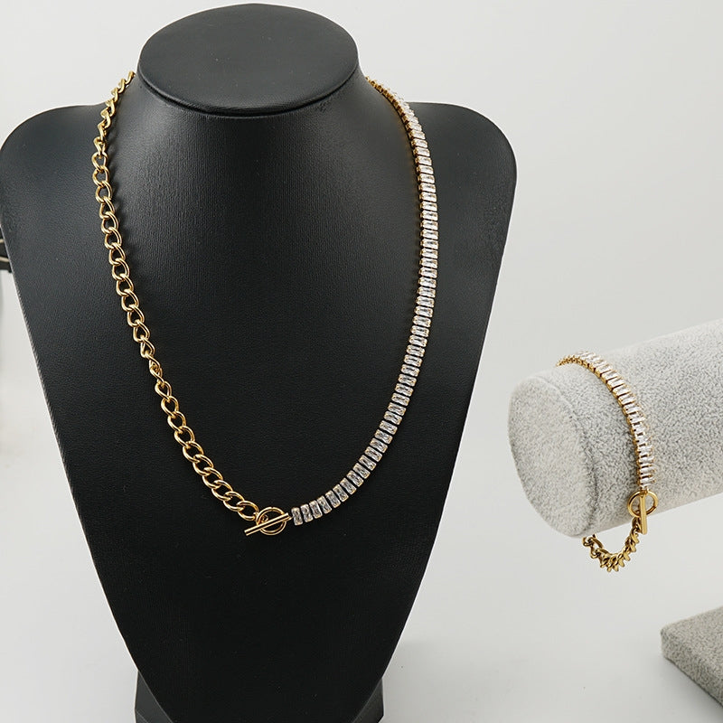 Fashion Geometric Gold Plated Rhinestone Stainless Steel Necklace and Bracelet Set