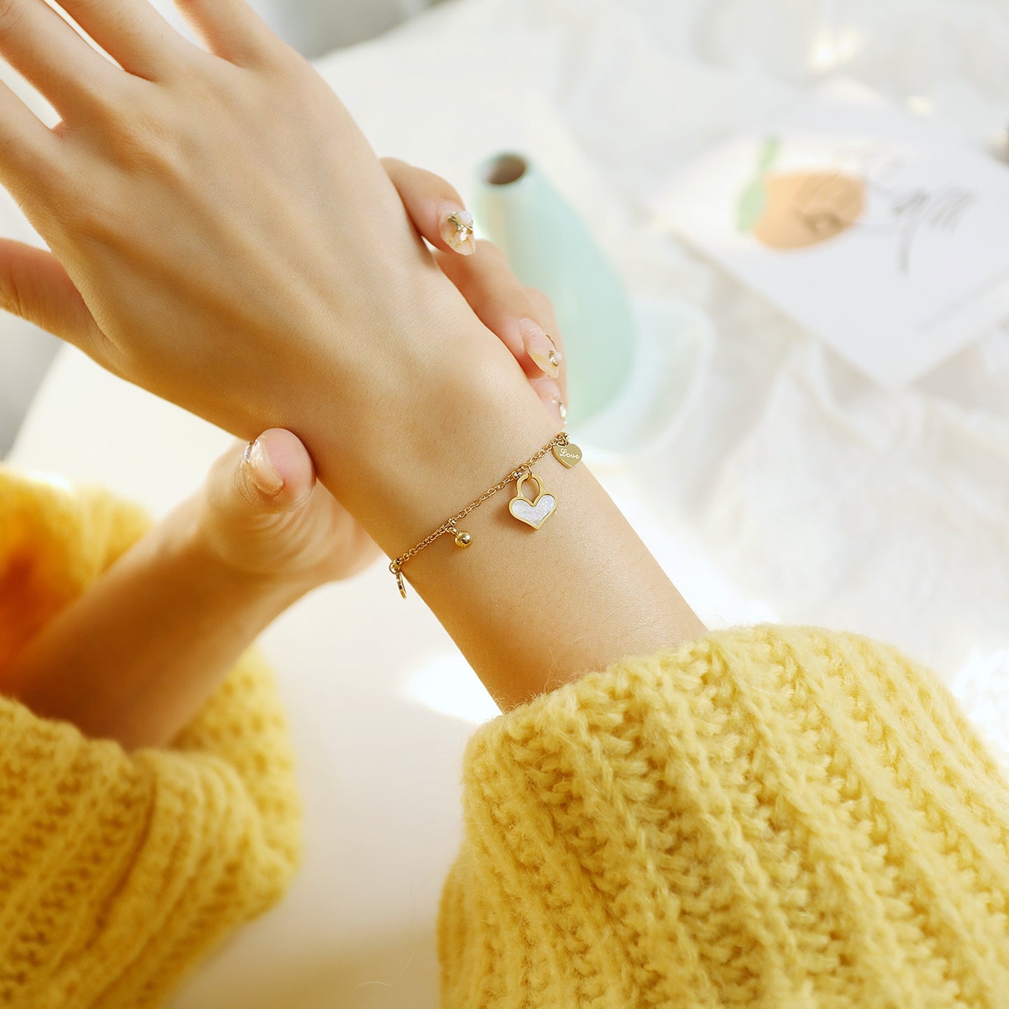 Geometric Stainless Steel Heart Charm Bracelet