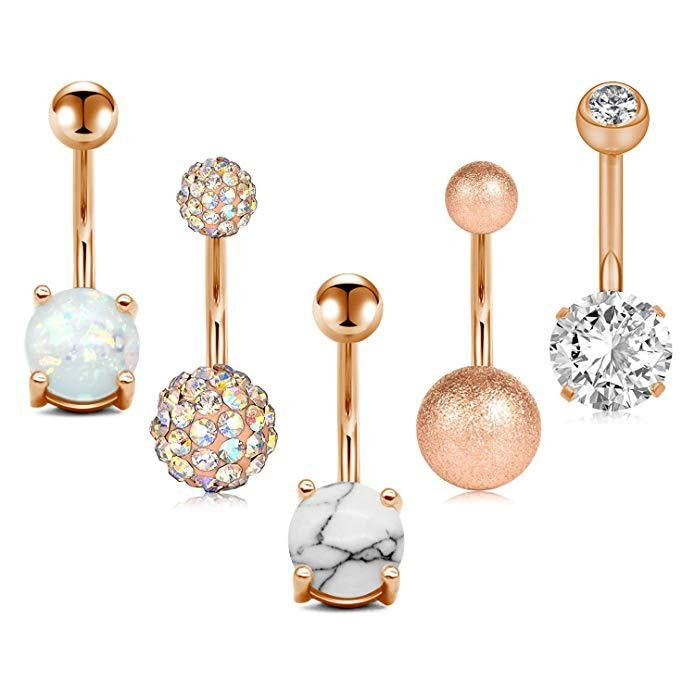 Geometric Stainless Steel Zircon & Opal Belly Ring Set - 5 Pieces Silver