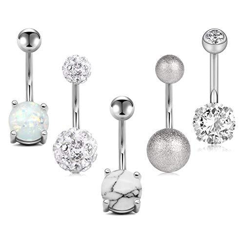 Geometric Stainless Steel Zircon & Opal Belly Ring Set - 5 Pieces Silver